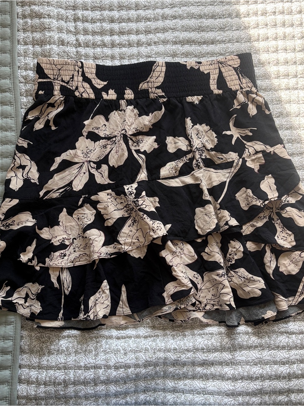 Cabi Black Floral Tiered Mini Skirt with Cream Blossoms